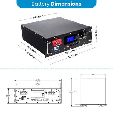 Amptron 48V ESS Battery Angled Photo with Measurements on a white background