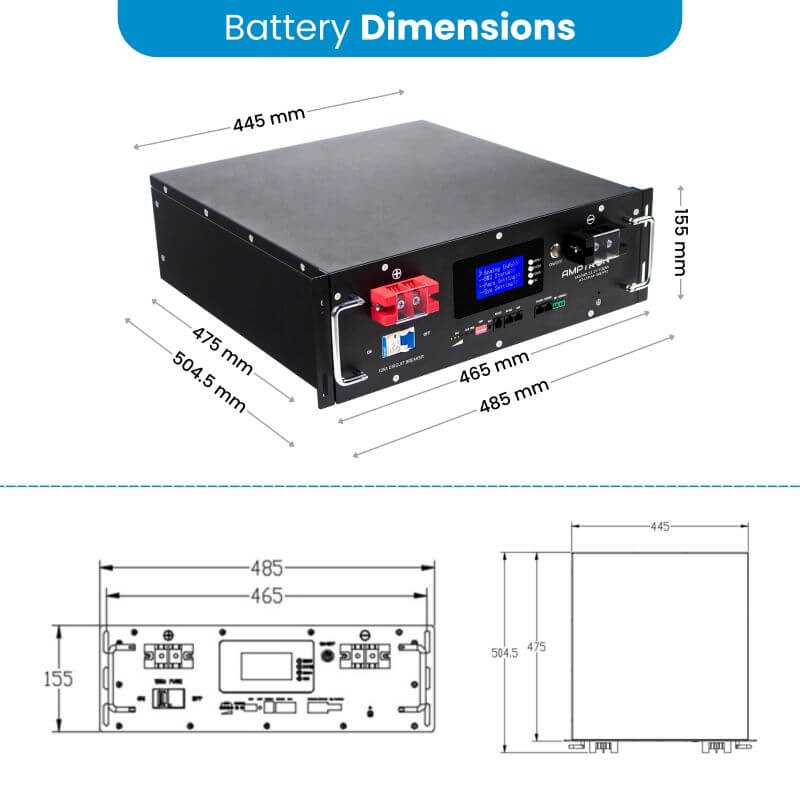 Amptron 48V ESS Battery Angled Photo with Measurements on a white background