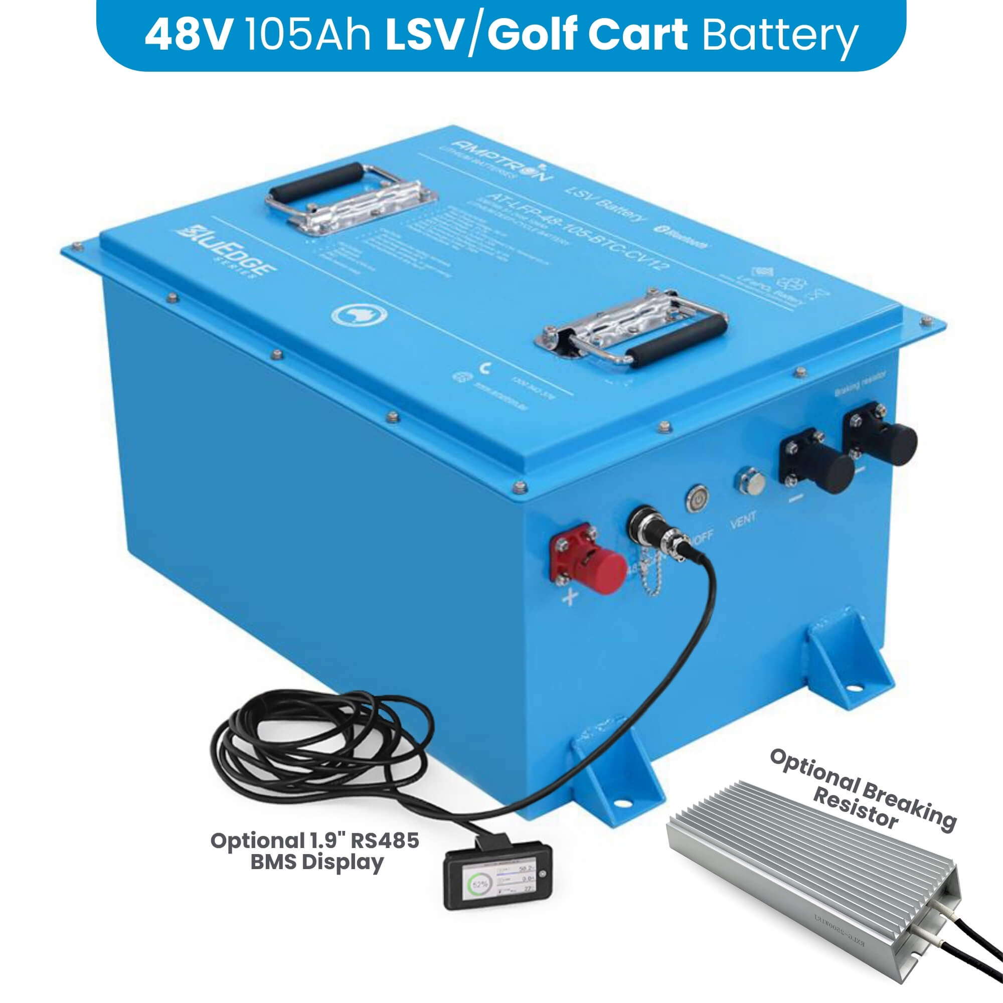 Amptron 48V Golf Cart Battery Main Photo with optional BMS Display and optional breaking resistor in a white background