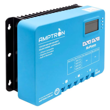 Amptron 60A MPPT Solar Charge Controller Angled to the Left on a white background