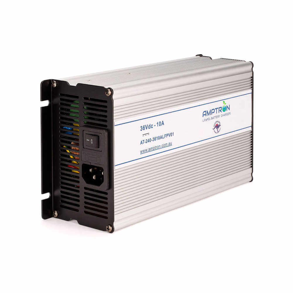 Amptron Battery Charger Angled to the Left on a white background