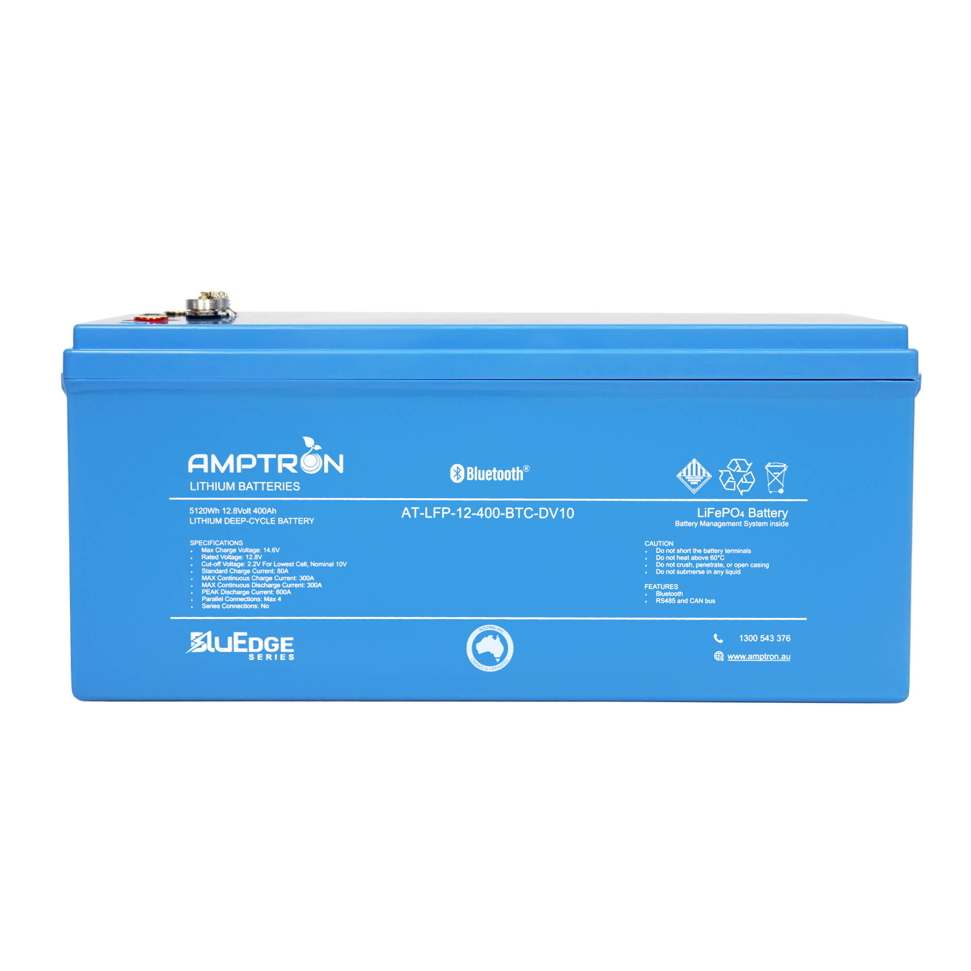 Amptron BluEdge 12V 400Ah 300A Lithium Battery Front on a white background