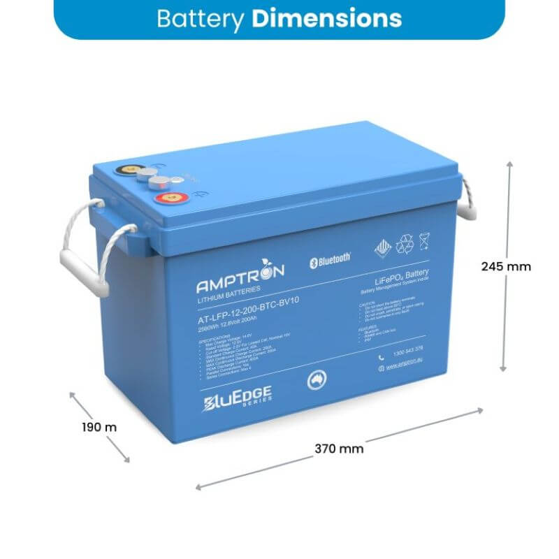 Amptron BluEdge 200ah 200A Dimensions on a white background
