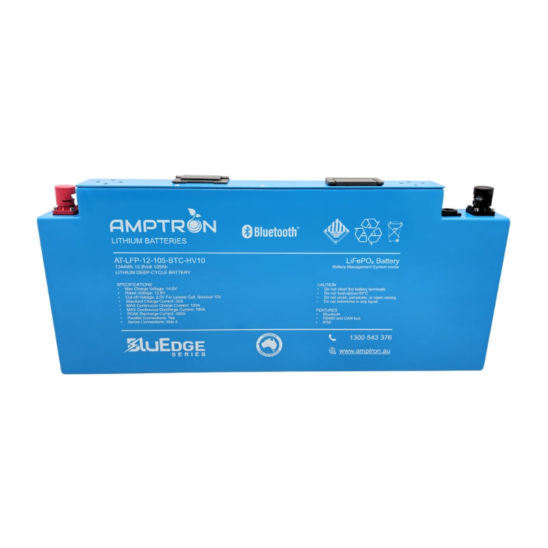 A photo of an amptron bluedge slimline 105ah 180a lithium battery sitting front on with a white background.