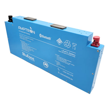 A photo of an amptron bluedge slimline 105ah 180a lithium battery sitting slightly side on with a white background.