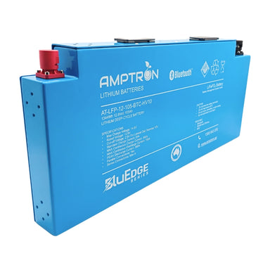 A photo of an amptron bluedge slimline 105ah 180a lithium battery sitting side on with a white background.