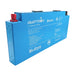 A photo of an amptron bluedge slimline 105ah 180a lithium battery sitting side on with a white background.