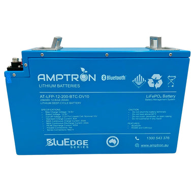 A photo of an Amptron BluEdge slimline 200ah lithium battery front on showing the batteries specifications and features.