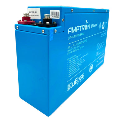 A photo of an Amptron BluEdge slimline 200ah lithium battery sitting on a slight angle.