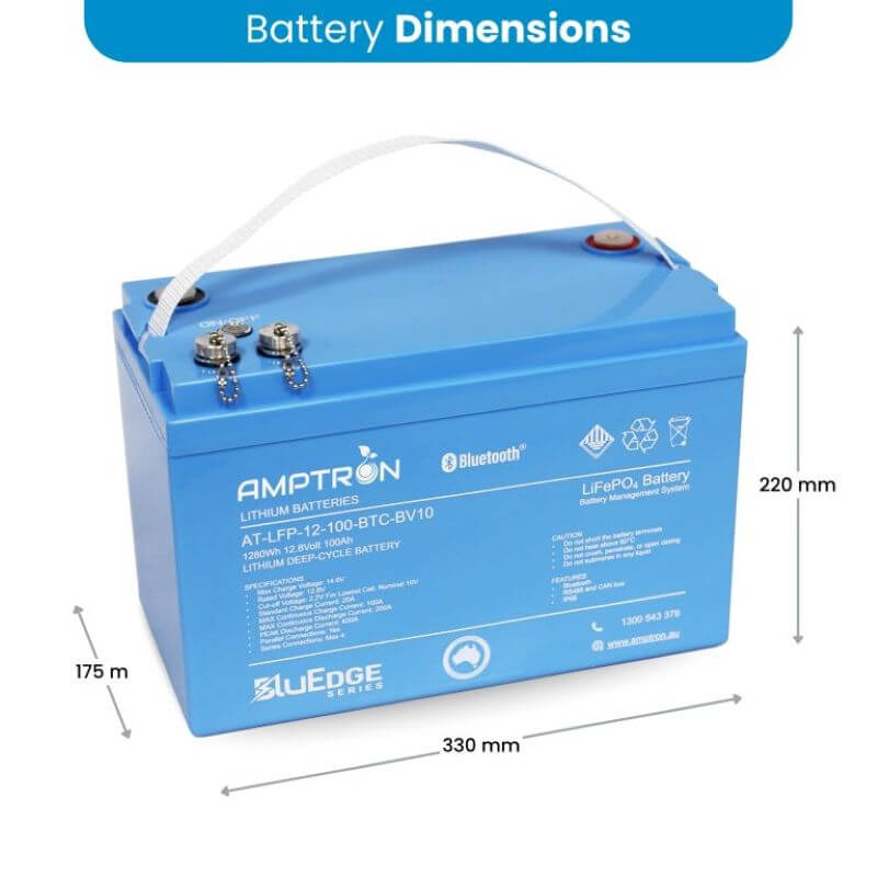 Amptron Bluedge 12V 100Ah 200A Lithium Battery Dimensions on a white background