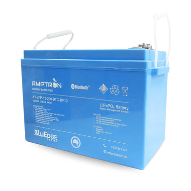 Amptron Bluedge 12V 200Ah 200A Lithium Battery slightly angled to the left on a white background