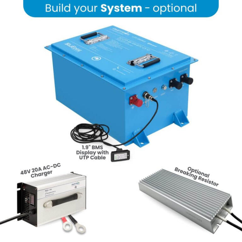 A Blue Amptron Golf Cart Battery System with charger and optional breaker resistor on a white background