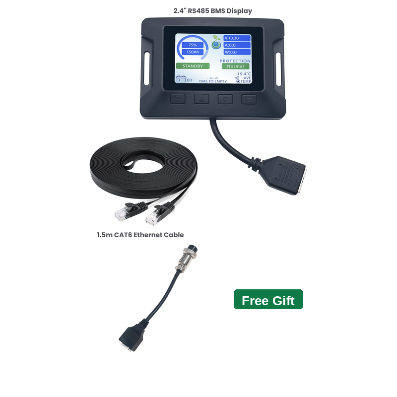 A 2.4" RS485 BMS display controller with attached CAT6 Ethernet cable and a free gift adapter, shown on a white background with text labels.
