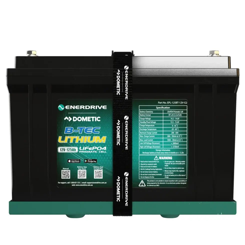 B-Tec 12V 125Ah Gen 2 Lithium Battery Front on a white background