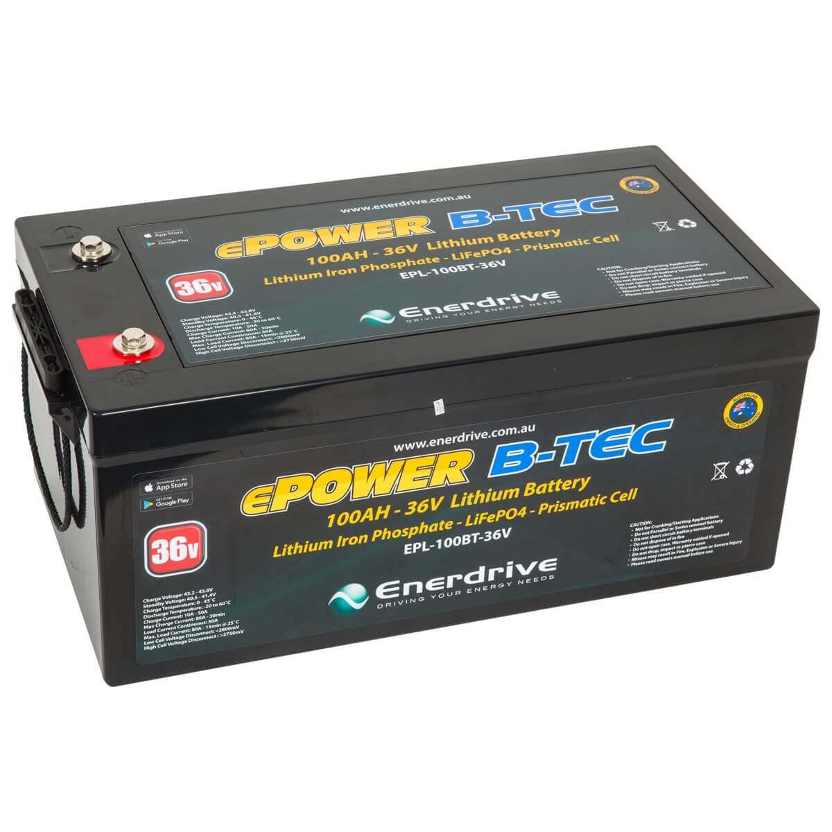 B-Tec 36V 100Ah Lithium Battery Front Photoon a white background
