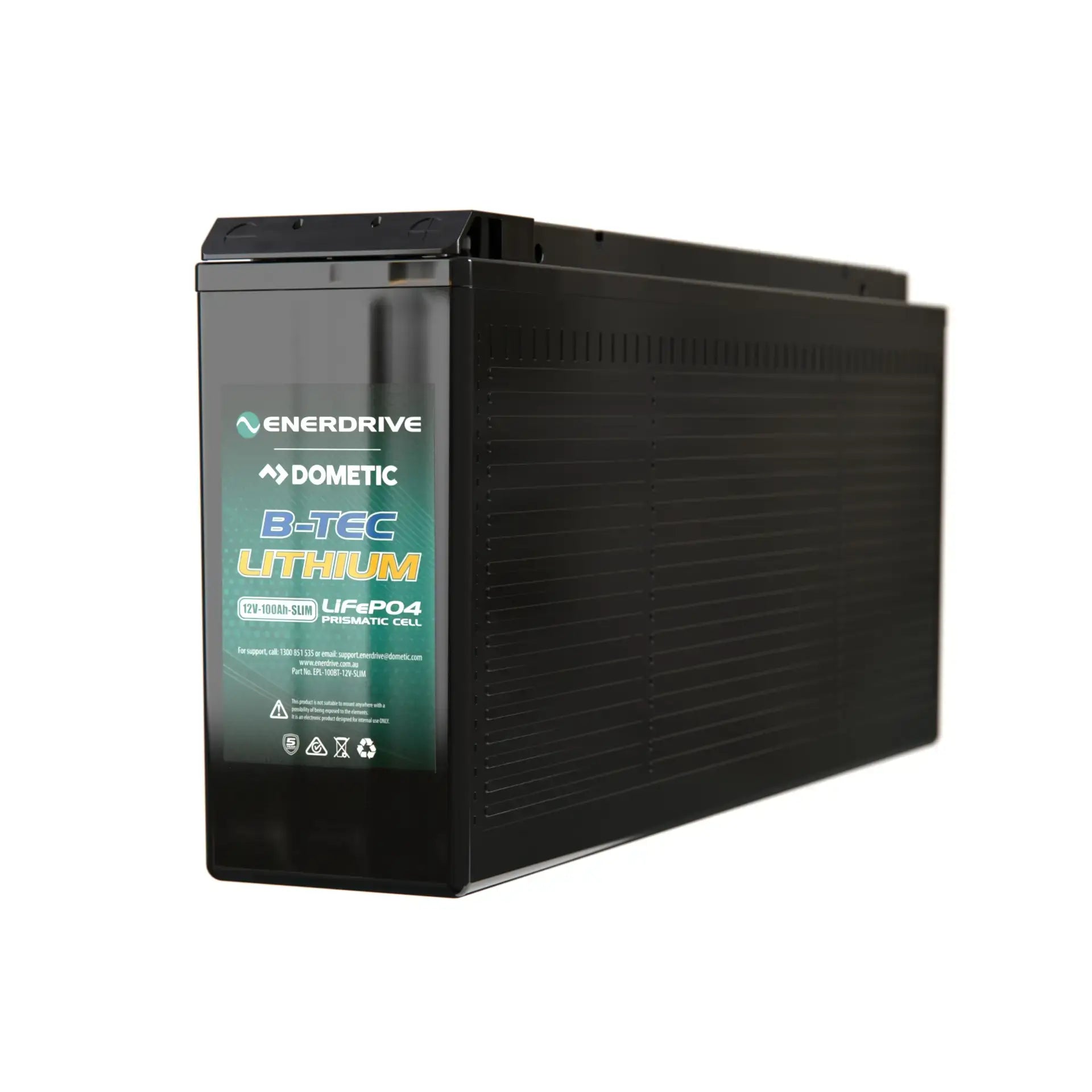 B-Tec Slim 12V 100Ah Slightly Left Angled on a white background