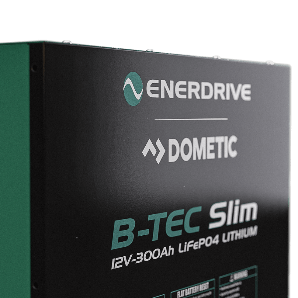 B-Tec Slim 12V 300Ah Slightly Left Angled on a transparent background