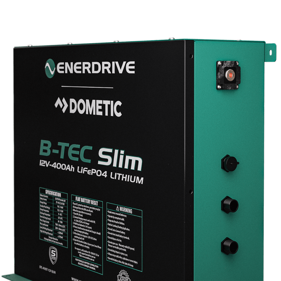 B-Tec Slim 12V 400Ah Slightly Angled to the right on a transparent background