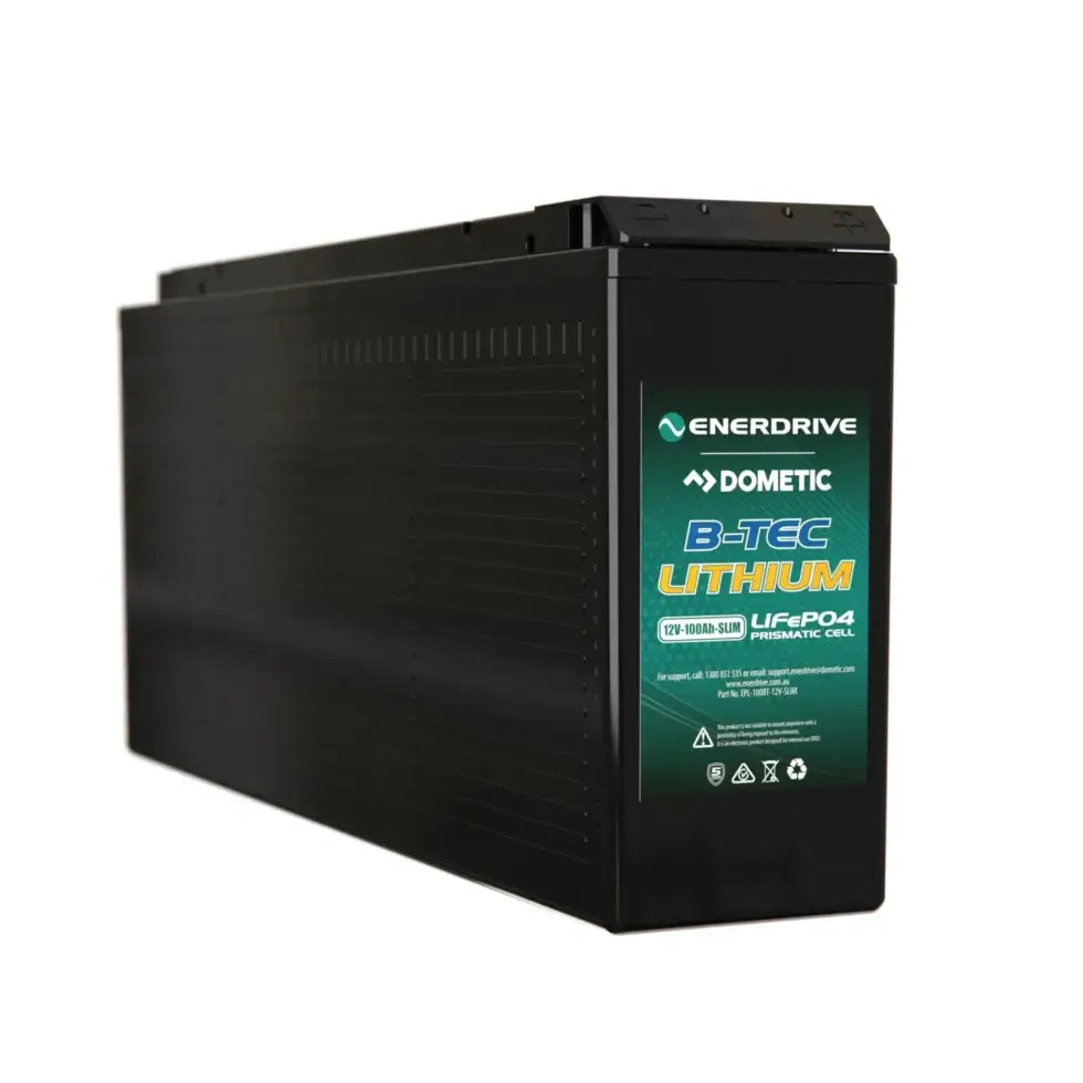 B-Tec Slimline 100Ah Lithium Battery Slightly Right Angled on a white background