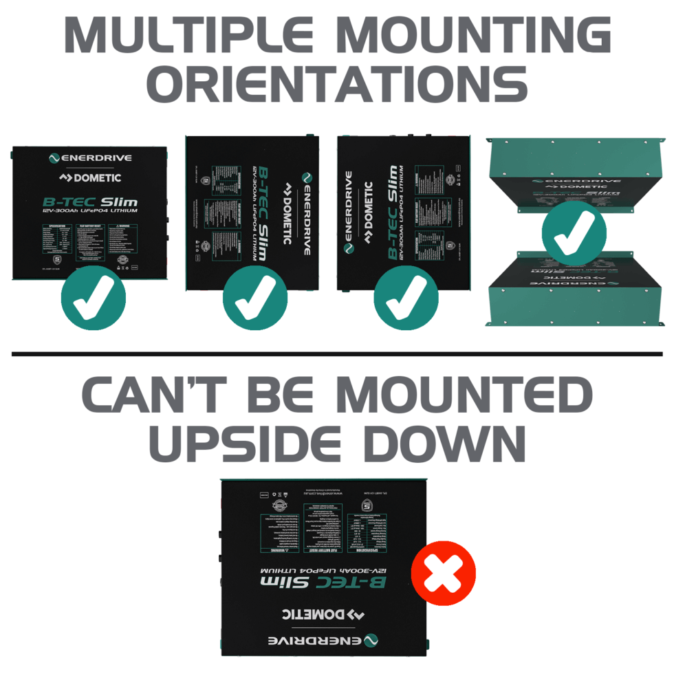 B-Tec Slimline 300Ah Lithium Battery Multiple Mounting Orientations on a white background