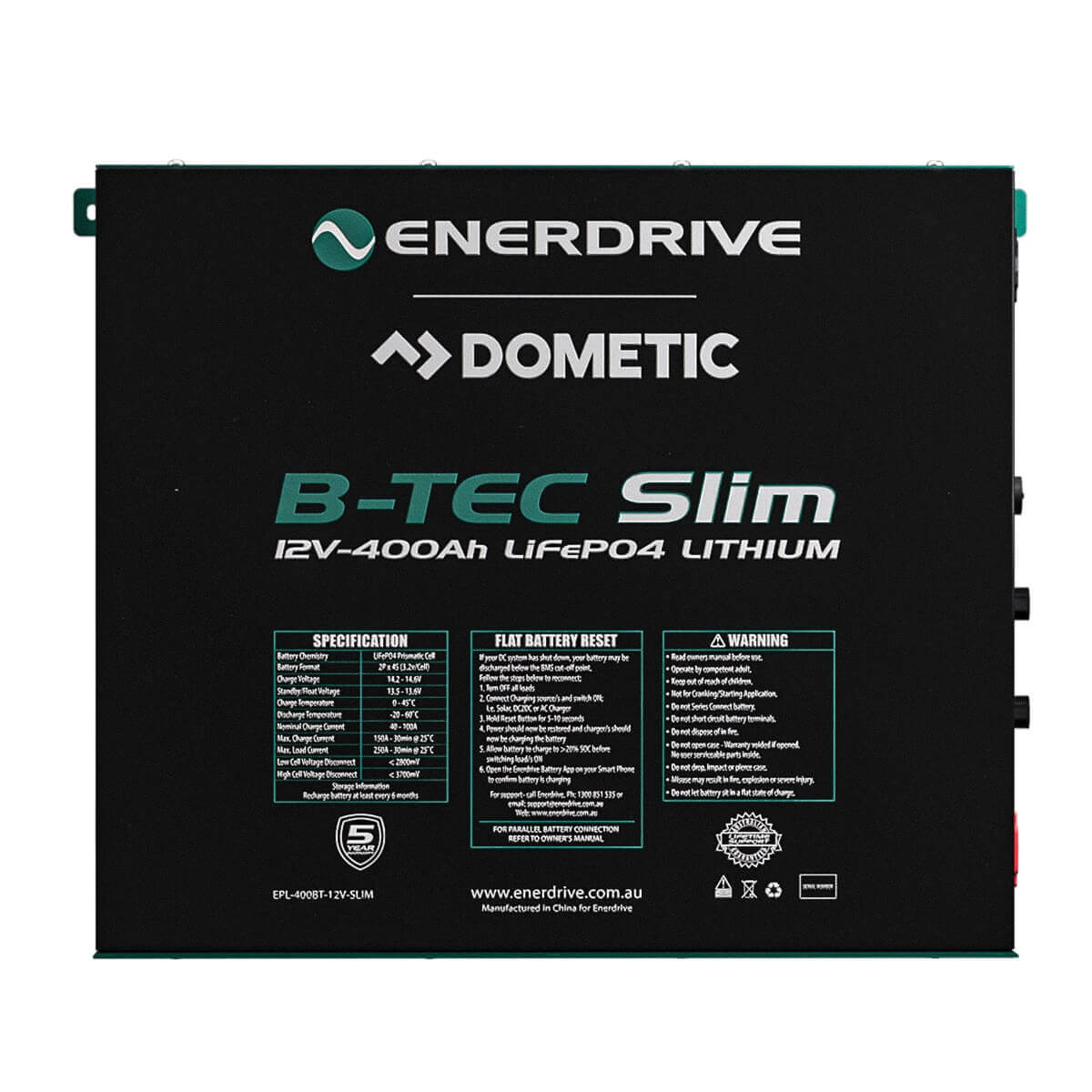 B-Tec Slimline 400Ah Lithium Battery Front Photo on a white background