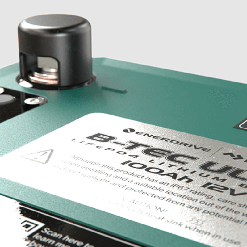 B-Tec Ultra 100Ah Lithium Battery Button on the white background