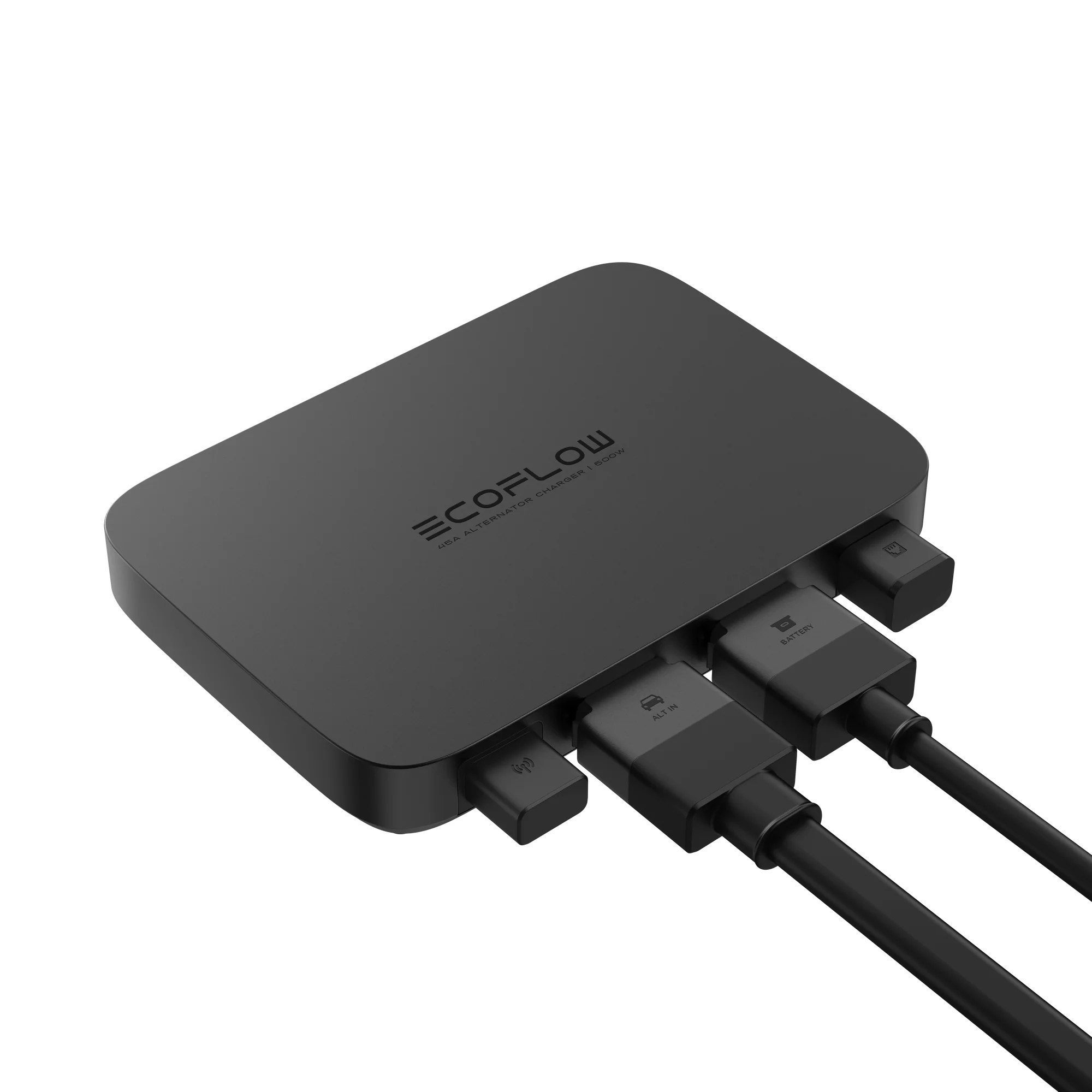 Black EcoFlow 500W Alternator Charger connected, on a transparent background