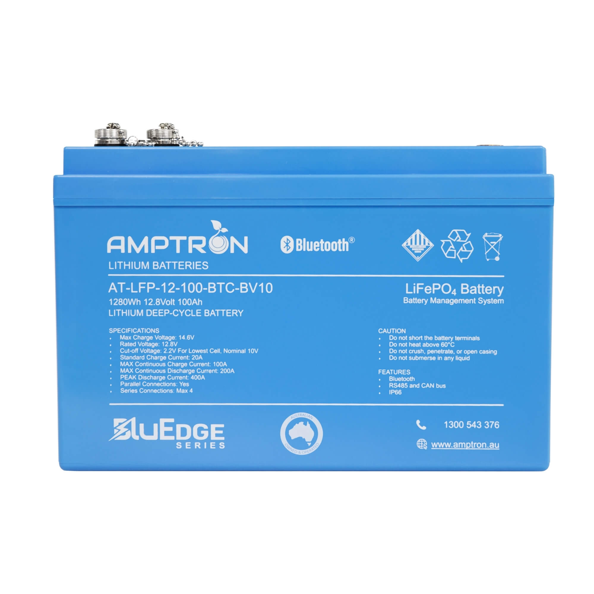Blue Colored BluEdge 12V 100Ah 200A Front on a white background