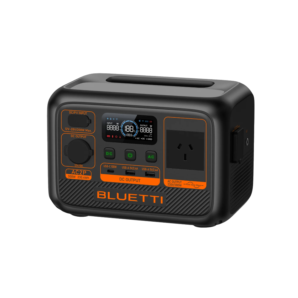 A photo showing a Bluetti AC2P 300W portable power station angled right on a white background