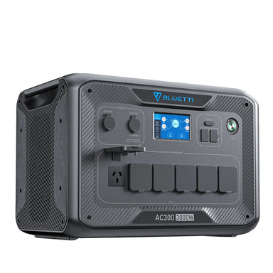 A photo of a bluetti AC300 3000W portable power station on a slight angle.