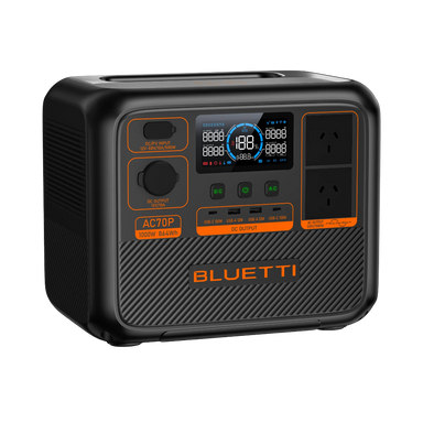 A photo of a bluetti ac70p 1000w portable power station angled slightly to the left.