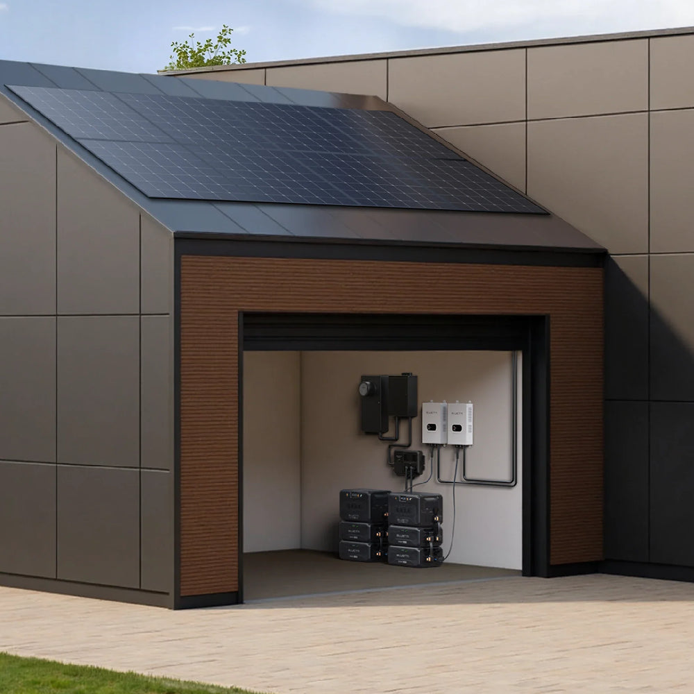 A photo of a Bluetti Apex 300 battery system with added solar and B300K expansion batteries.