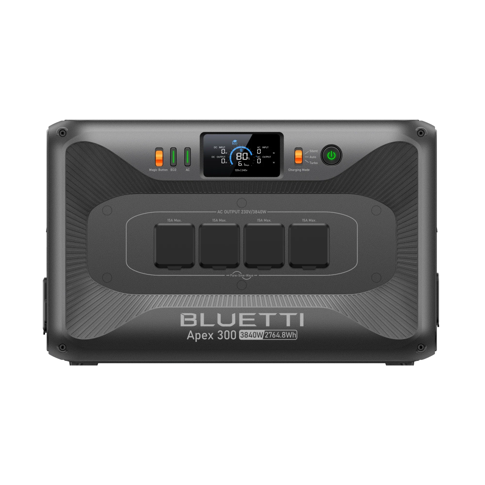 Front view of a Bluetti Apex 300 Home battery backup system on a clear background.