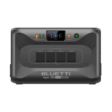 Front view of a Bluetti Apex 300 Home battery backup system on a clear background.