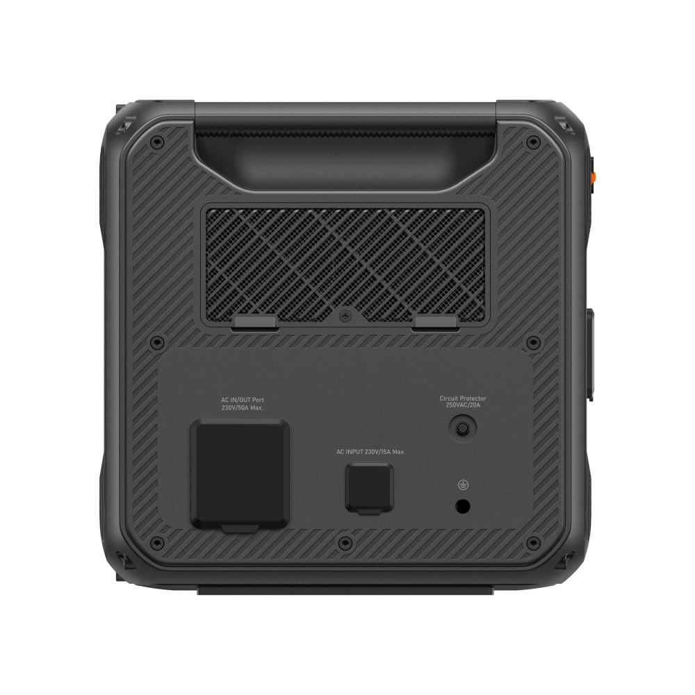Side view of a Bluetti Apex 300 Home battery backup system on a clear background.
