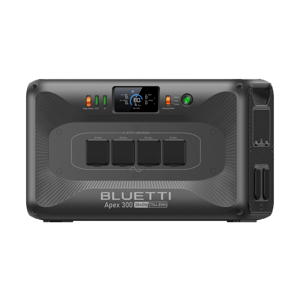 Slightly angled view of a Bluetti Apex 300 Home battery backup system on a clear background.