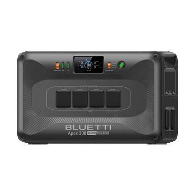Slightly angled view of a Bluetti Apex 300 Home battery backup system on a clear background.