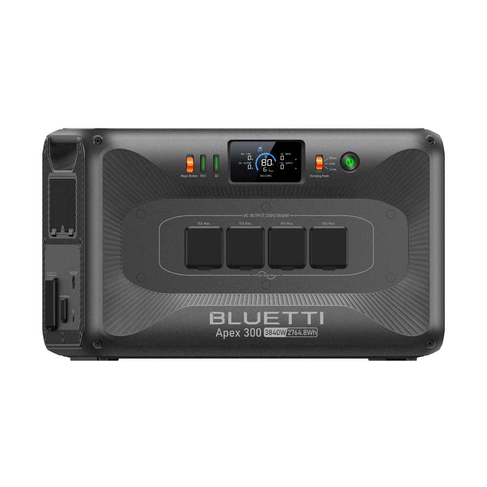 Slightly angled view of a Bluetti Apex 300 Home battery backup system on a clear background.