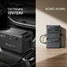 A photo showing a Bluetti b210 power station with various applications including wall outlet, solar panels, car charging, and AC/DC output on a beach and indoor settings.