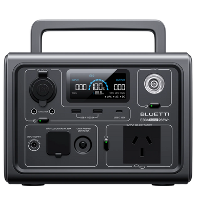 A photo of a bluetti eb3a 600w portable power station facing front on with a white background