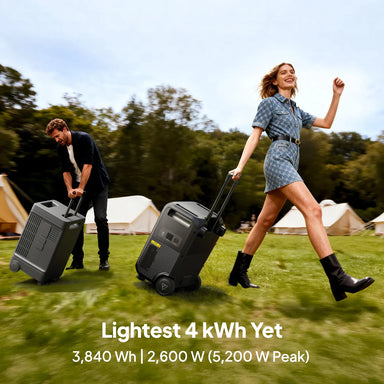Bluetti Elite 400 Power Station a woman and man pulling the Power Backup on an outdoor setting