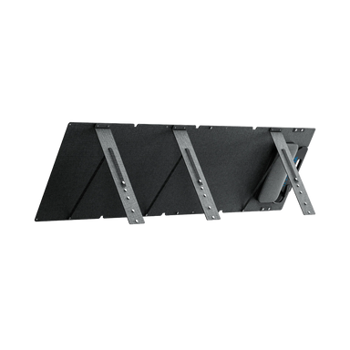 A photo of a Bluetti PV120D 120W solar panel sitting upright facing backwards in front of a white background.