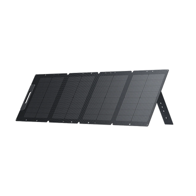 A photo of a Bluetti PV120D 120W solar panel sitting upright in front of a white background.
