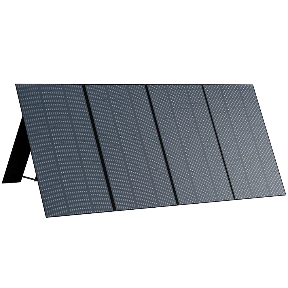 A photo of a Bluetti PV350 350W Solar Panel standing upright showing the front of the solar panel on a slight angle.