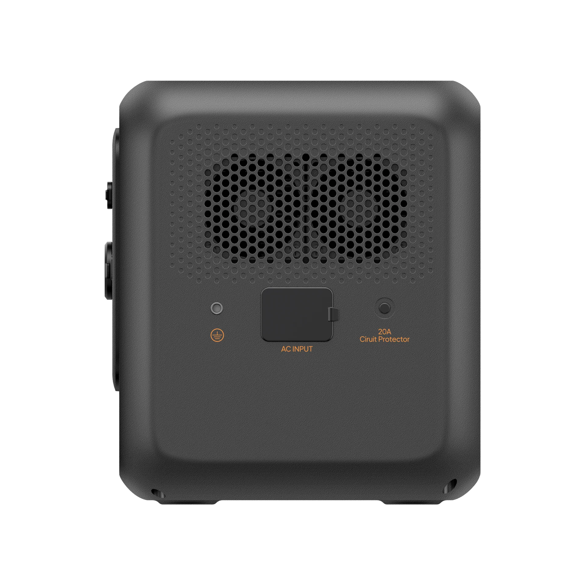 A photo of a Bluetti premium 100v2 1800w power station facing side on showing an AC input port with a white background