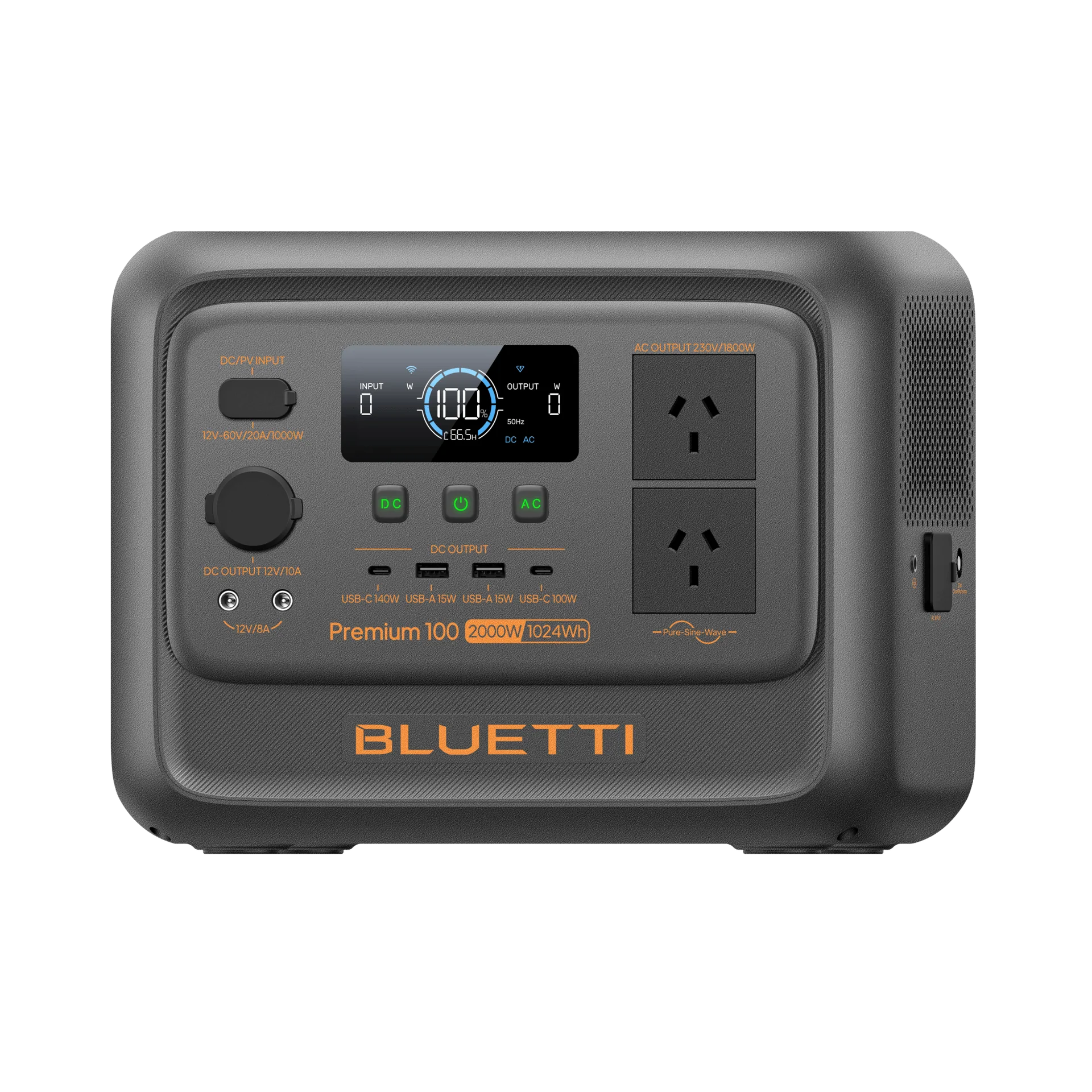 A photo of a Bluetti premium 100v2 1800w power station facing on a left side angle with a white background