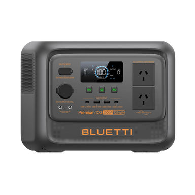A photo of a Bluetti premium 100v2 1800w power station facing on a right side angle with a white background