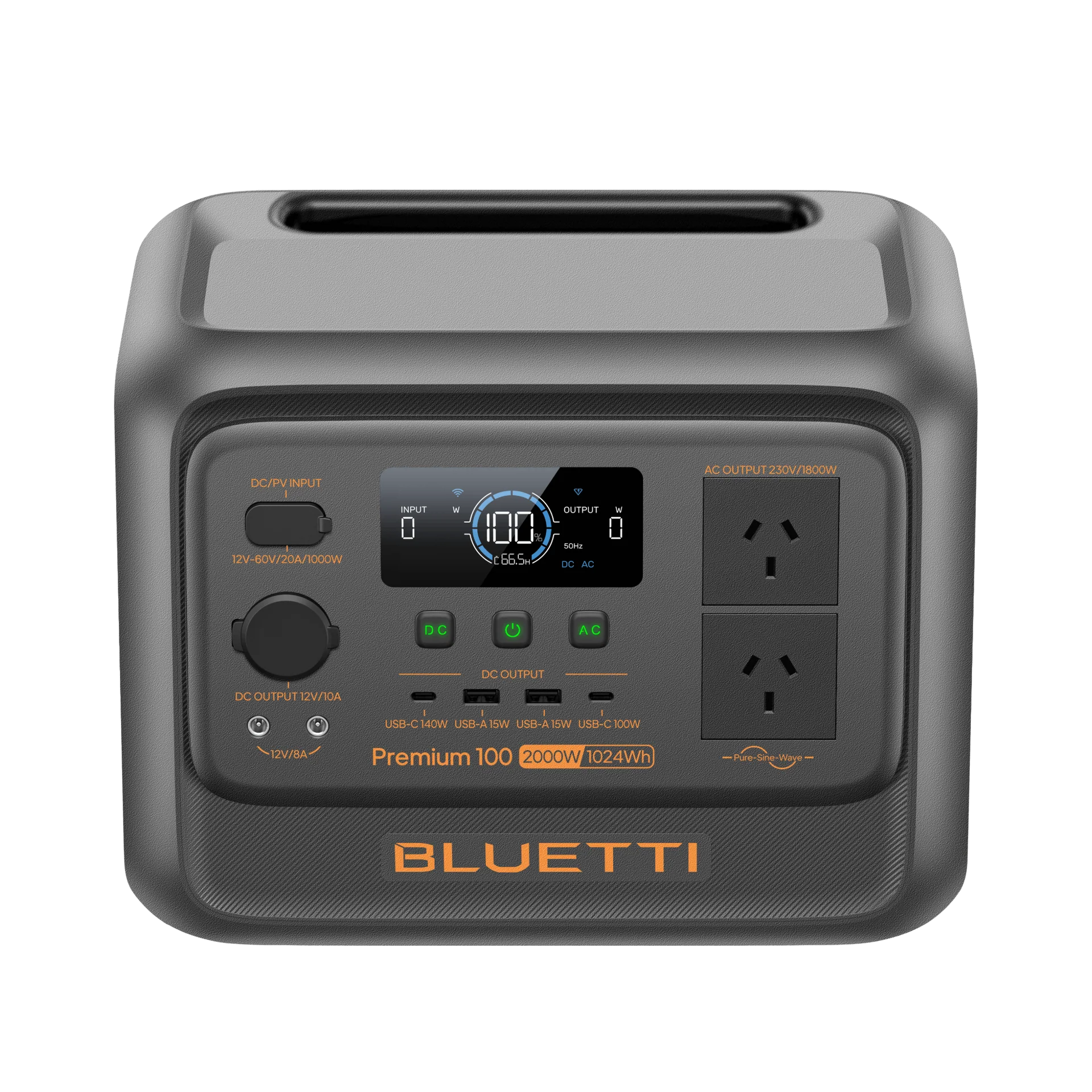 A top view photo of a Bluetti premium 100v2 1800w power station with a white background