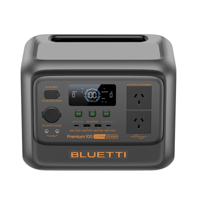 A top view photo of a Bluetti premium 100v2 1800w power station with a white background