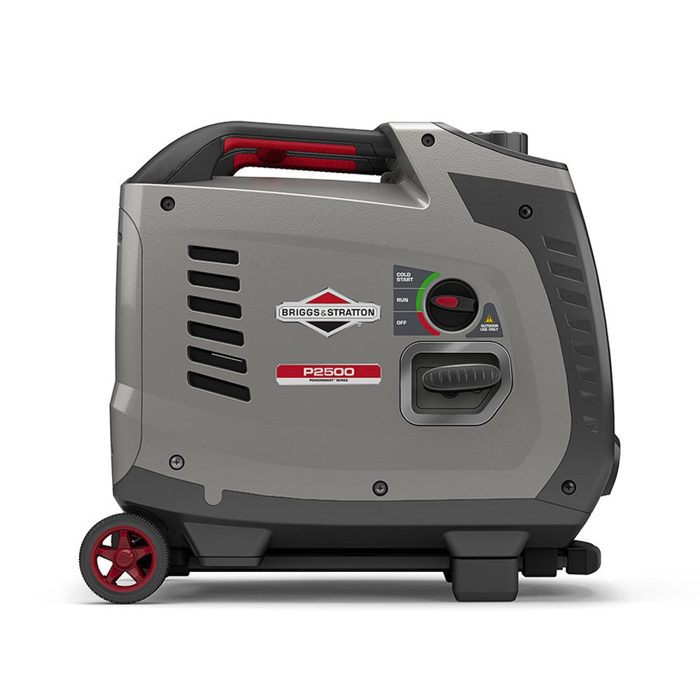 A photo of a briggs and stratton p2500 portable inverter generator sitting side on with a white background.